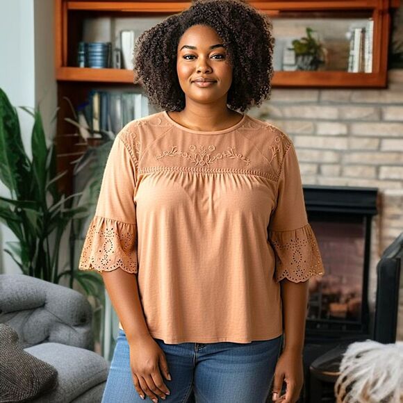 Sonoma Mesh Embroidered Top 3X Eyelet Camel Color Jersey Knit Boho Chic Western. - Picture 13 of 16